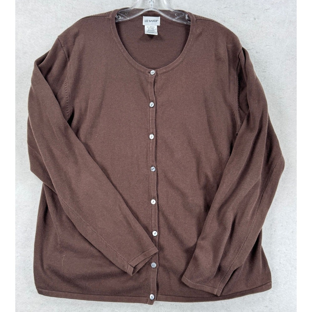 Liz Baker Brown Button Front Cardigan Sweater XL Cotton Blend Round Neck Classic